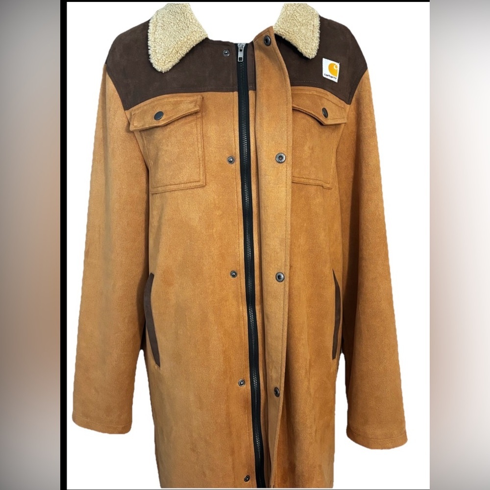 Carhartt Sherpa Lined Canvas Ranch Chore Coat Brown Western Workwear Jacket L - Picture 2 of 7